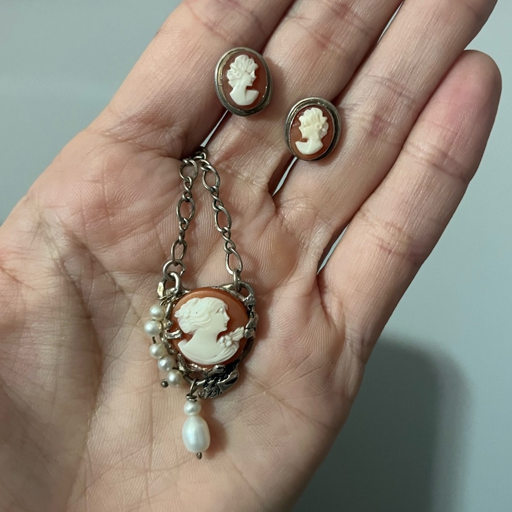 Antique Sterling Silver (?) Cameo Earring and Necklace set Pearls